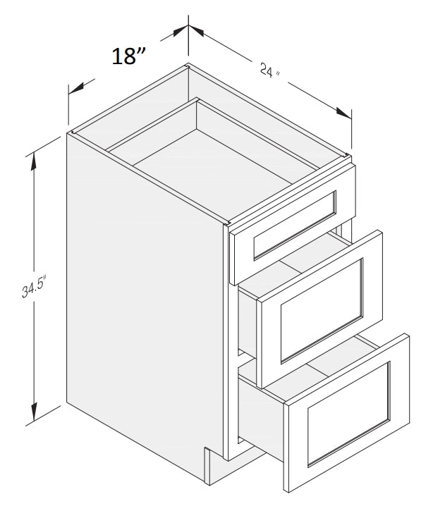 18" White Shaker 3 Drawers Solid Wood Dovetailed Joint Plywood Base Kitchen Cabinet