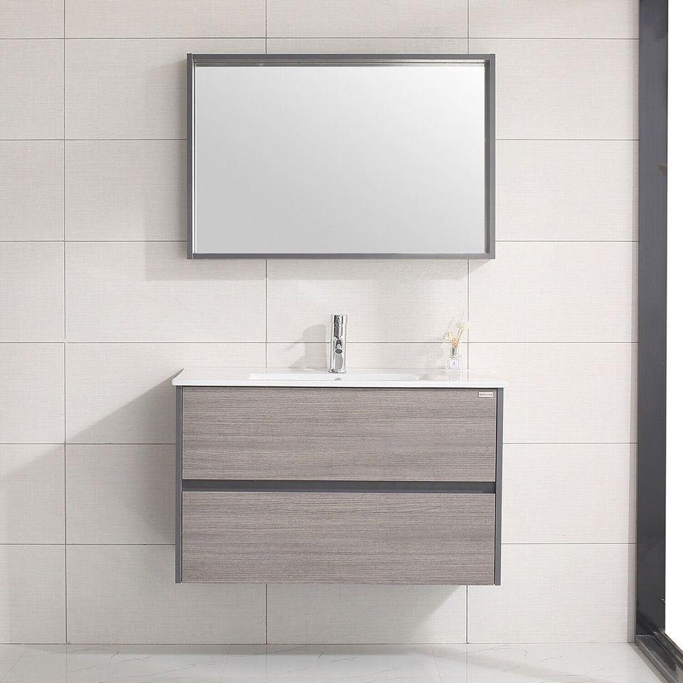 36" Bathroom Floating Vanity Wall Mounted Cabinet Ceramic integrated Sink Set