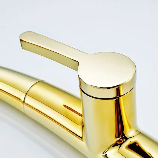 Single Handle Rotatable 1-Hole Pull Out Kitchen Faucet with Dual-Function Solid Brass in Gold