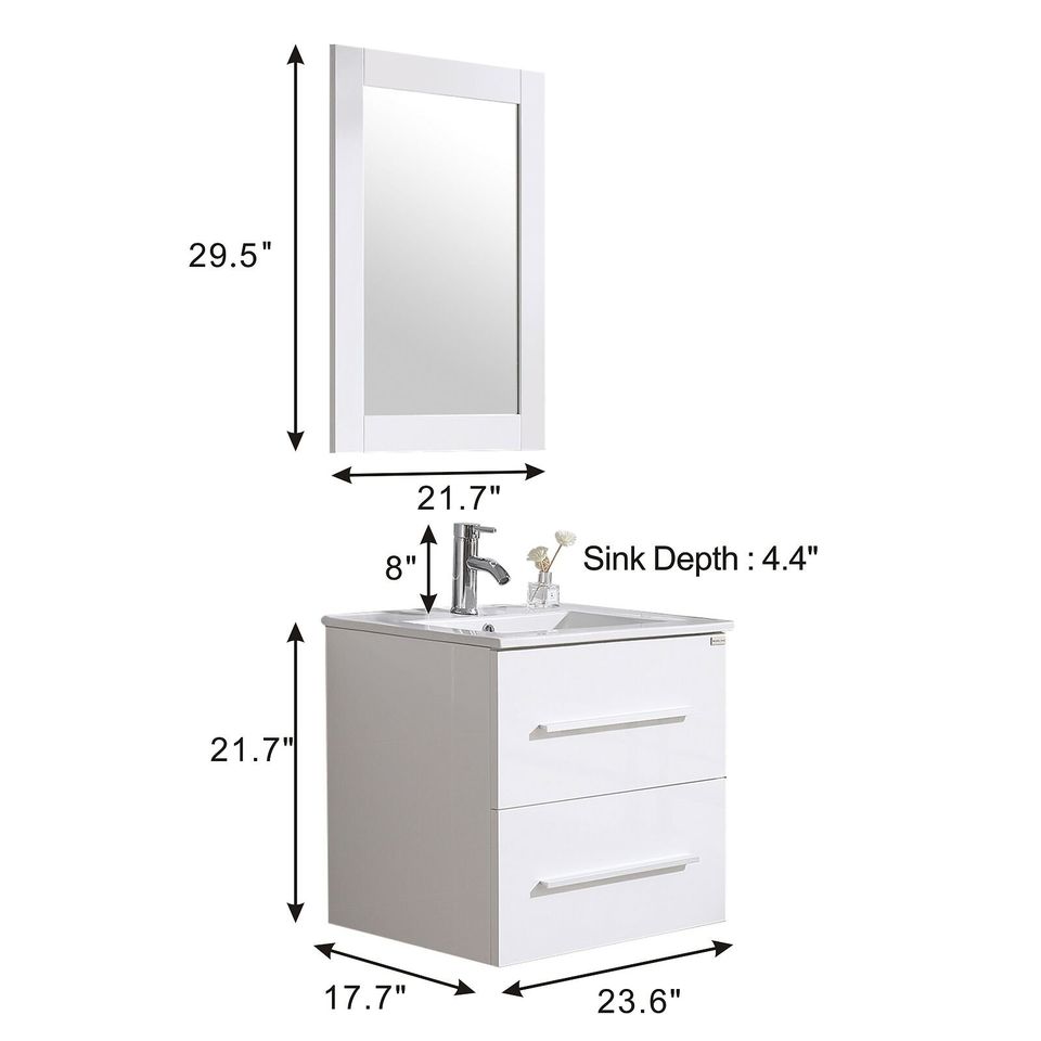 24" Wall Mounted Bathroom Vanity Floating Cabinet w/ Sink Top Faucet White