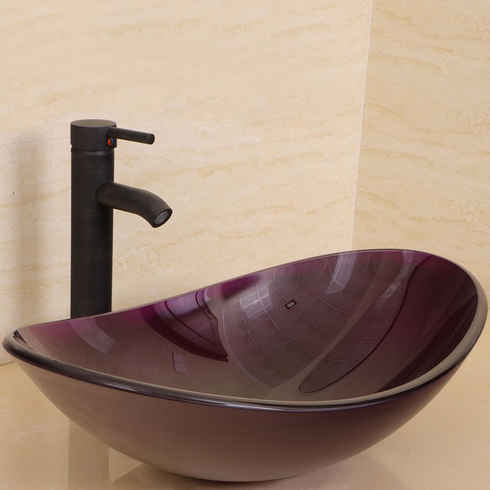 Tempered Oval Glass Vessel Sink Basin, Purple (Faucet and Pop-up Drain Not Included)