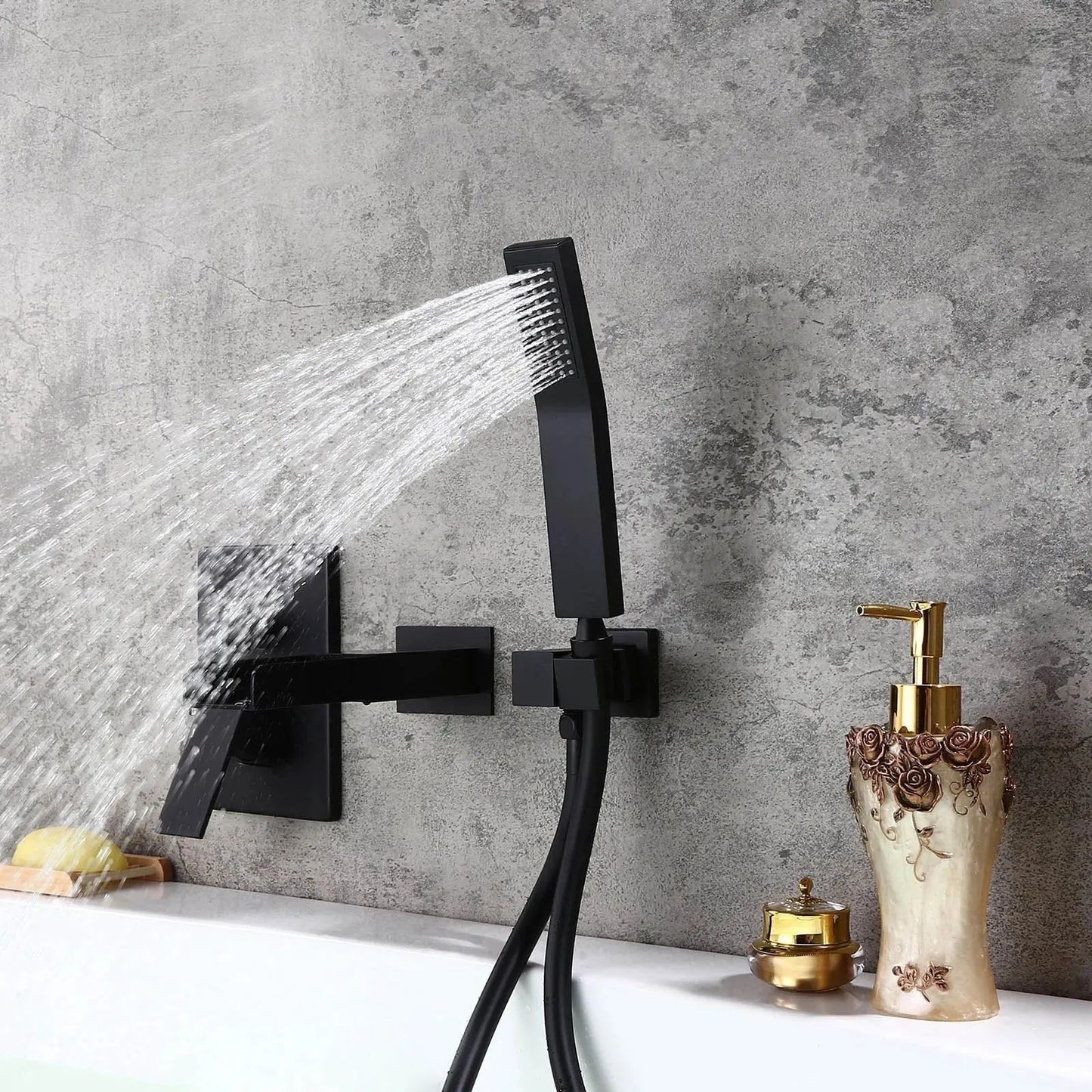 Modern Waterfall Wall-Mount Solid Brass Bathtub Faucet & Handshower