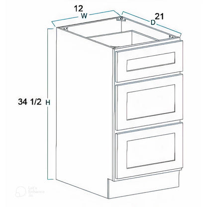 12" White Shaker Solid Wood Dovetailed Joint 3 Drawers Base Bathroom Vanity