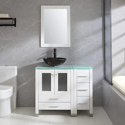 White 36” White Bathroom Vanity and Sink Combo Wood Vanity Cabinet Ceramic Vessel Sink with Mirror