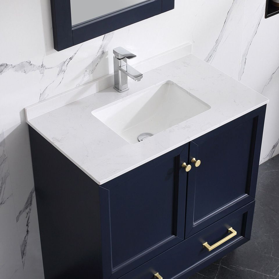 32" Navy Blue Bathroom Vanity Set with Mirrors & White Integrated Porcelain Top