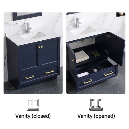 32" Navy Blue Bathroom Vanity Set with Mirrors & White Integrated Porcelain Top