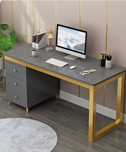 Modern 55" Wooden Home Office Gray Computer Desk with 3 Drawers & Side Cabinet in Gold