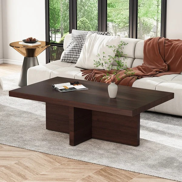 47.2" Pine Wood Coffee Table Rectangle-shaped in Natural/Walnut with Abstract Base