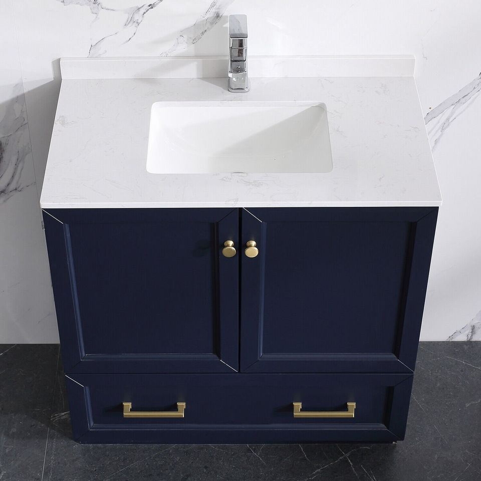 32" Navy Blue Bathroom Vanity Set with Mirrors & White Integrated Porcelain Top