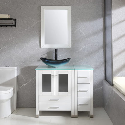 White 36” White Bathroom Vanity and Sink Combo Wood Vanity Cabinet Ceramic Vessel Sink with Mirror