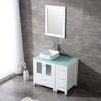 White 36” White Bathroom Vanity and Sink Combo Wood Vanity Cabinet Ceramic Vessel Sink with Mirror