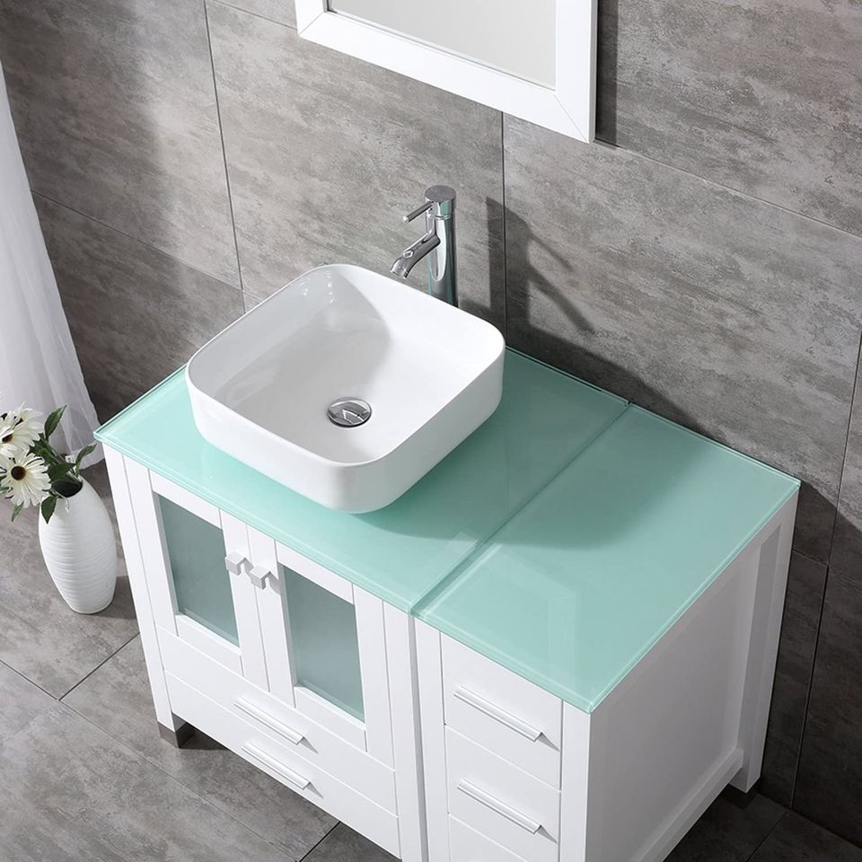 White 36” White Bathroom Vanity and Sink Combo Wood Vanity Cabinet Ceramic Vessel Sink with Mirror