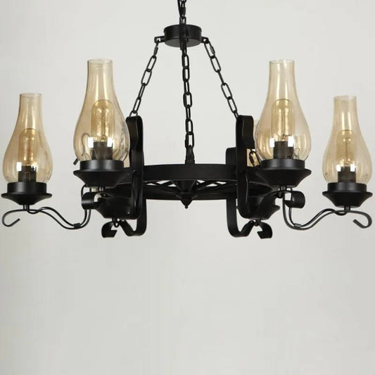 Massie Industrial Chimney Glass Shade 6-Light Chandelier Black Metal Wagon Wheel