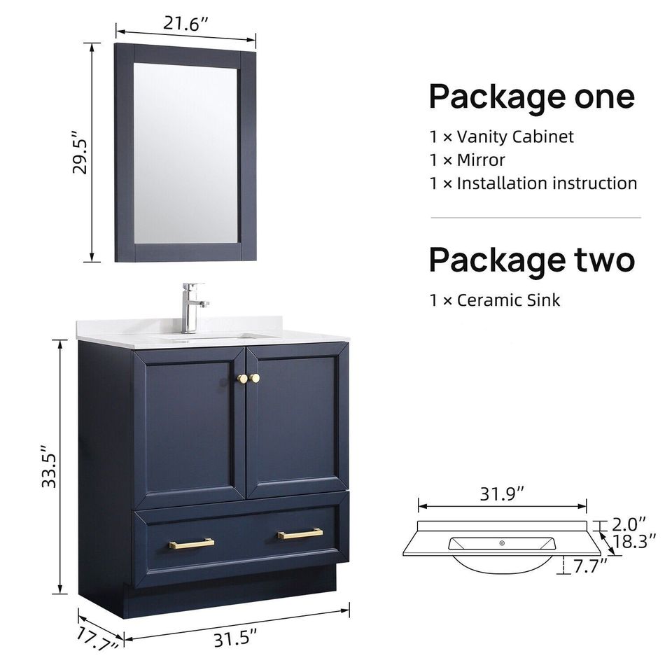 32" Navy Blue Bathroom Vanity Set with Mirrors & White Integrated Porcelain Top