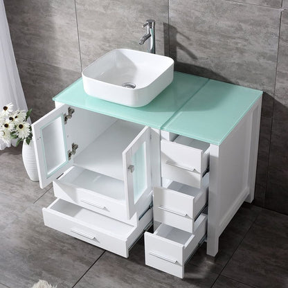 White 36” White Bathroom Vanity and Sink Combo Wood Vanity Cabinet Ceramic Vessel Sink with Mirror