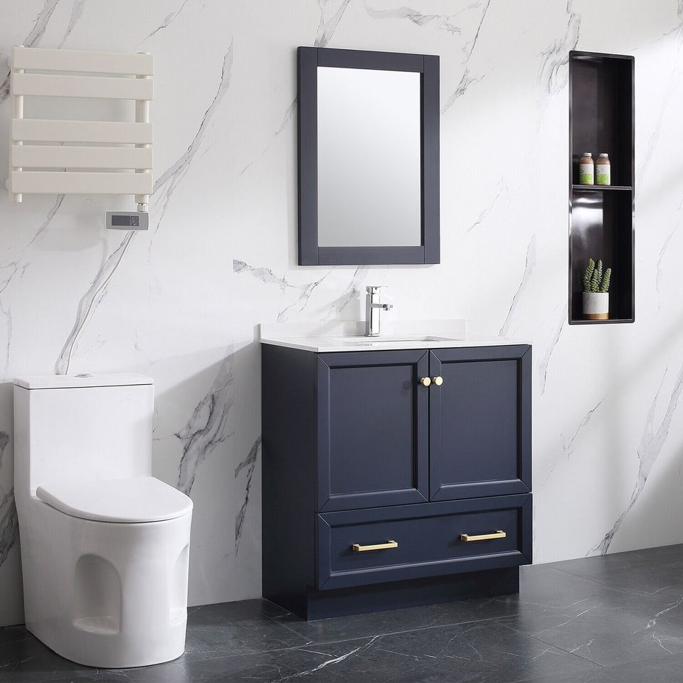 32" Navy Blue Bathroom Vanity Set with Mirrors & White Integrated Porcelain Top