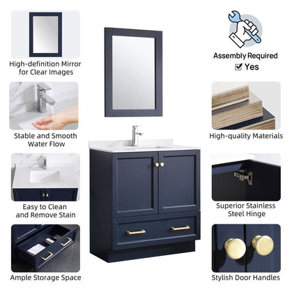 32" Navy Blue Bathroom Vanity Set with Mirrors & White Integrated Porcelain Top