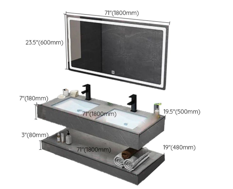 72" Floating Bathroom Vanity Set Double Sink White/Black (W/ Faucet, LED Mirror)