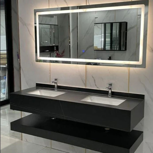 72" Floating Bathroom Vanity Set Double Sink White/Black (W/ Faucet, LED Mirror)