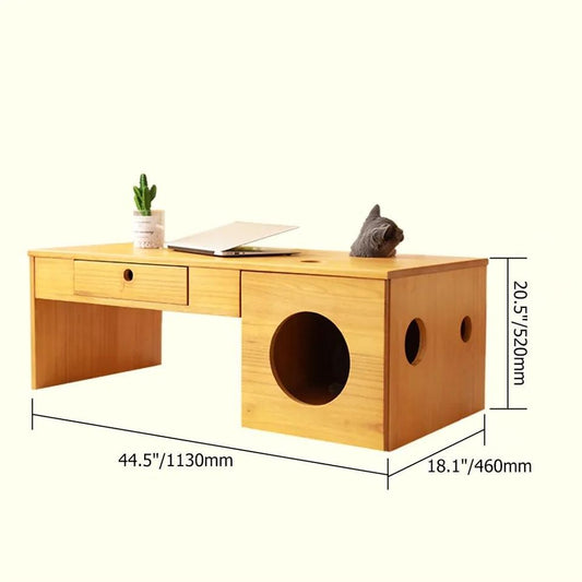 Natural Rectangular Coffee Table With Drawer & Cat Condos-346