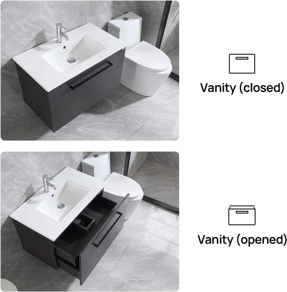 32" Bath Vanity in Black with Vanity Top in White with White Basin and Mirror