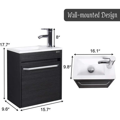 16" Floating Wall Mounted Black Vanity for Small Bathroom Single Cabinet Resin Basin Faucet