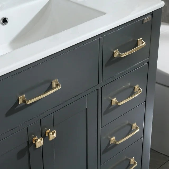 36" Gray Bathroom Vanity Satin Nickel Hardware Vanity Set 2 Soft Closing Doors and 3 Drawers