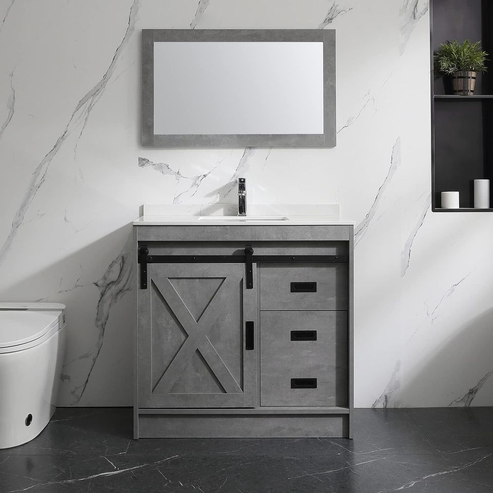 36” Grey Bathroom Vanity with Sink Modern Wood Cabinet Basin Vessel Set with Mirror