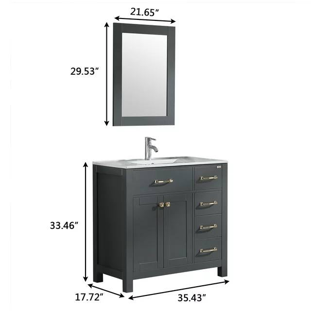 36" Gray Bathroom Vanity Satin Nickel Hardware Vanity Set 2 Soft Closing Doors and 3 Drawers