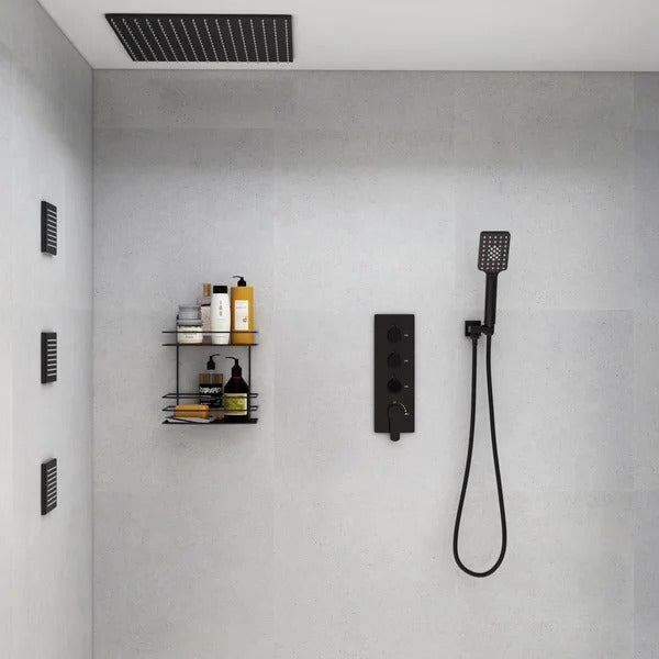 16" Black Shower System Large Rainfall Shower Head with Hand Shower and 3 Body Jets