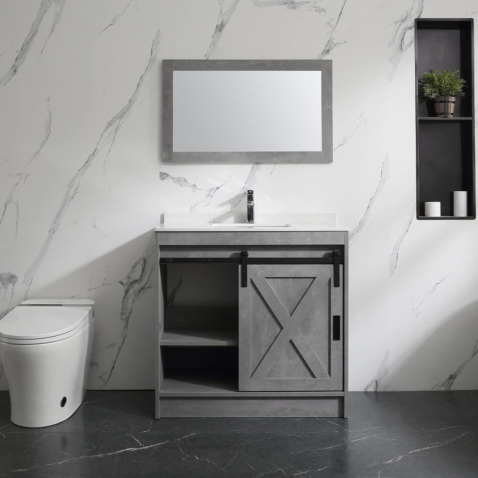 36” Grey Bathroom Vanity with Sink Modern Wood Cabinet Basin Vessel Set with Mirror