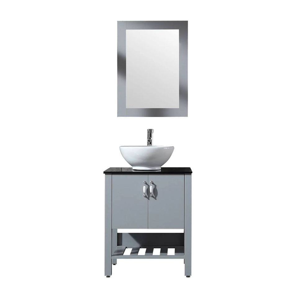 24” Bathroom Vanity Cabinet w/ vessel sink Mirror & Glass countertop Modern Gray Large Capacity