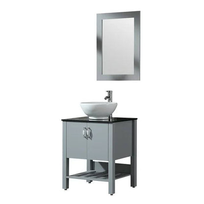 24” Bathroom Vanity Cabinet w/ vessel sink Mirror & Glass countertop Modern Gray Large Capacity