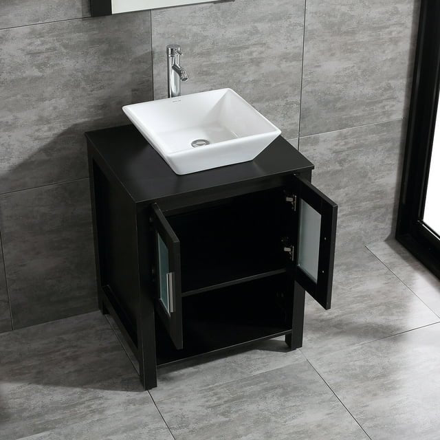 24" Bathroom Vanity Wood Grain Cabinet in Espresso with Vessel sink & mirror