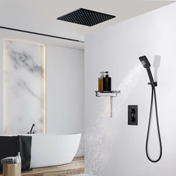 16" Thermostatic Shower System with Handheld Shower in Matte Black Solid Brass