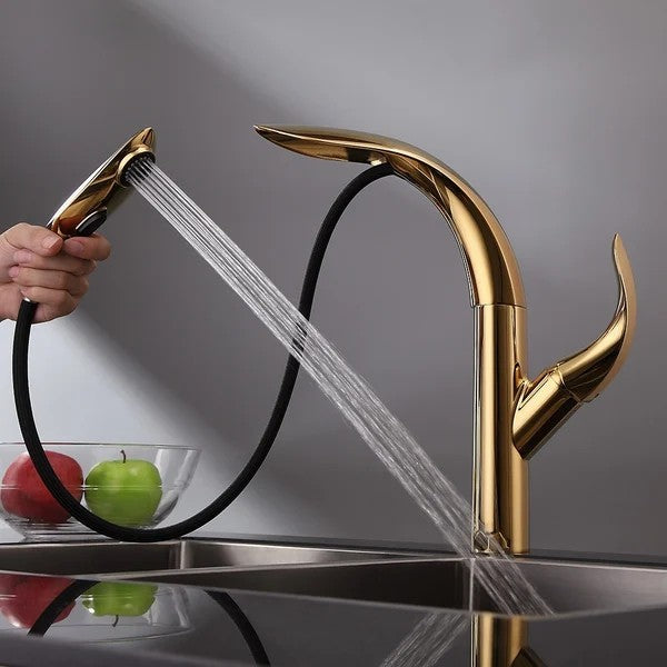 Luxurious Gold 2-Function Pull Down Swivel Kitchen Faucet Single Handle Zinc Alloy Faucet