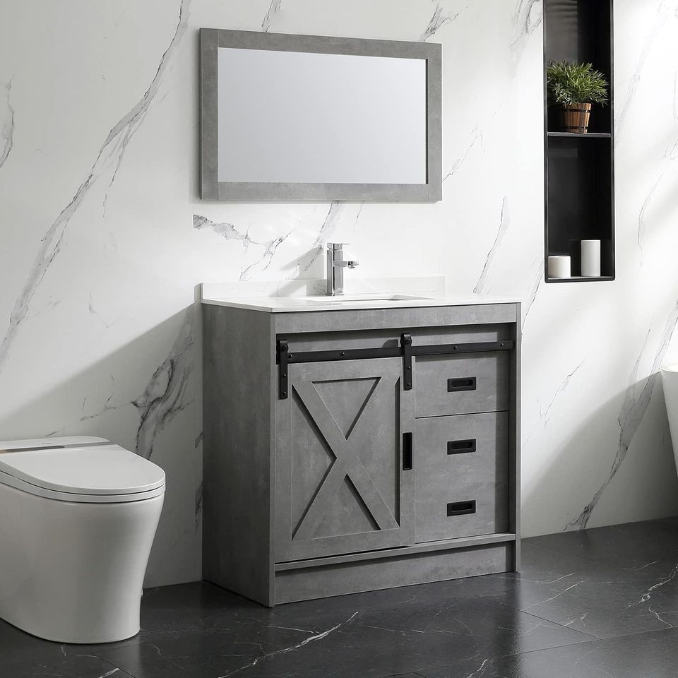 36” Grey Bathroom Vanity with Sink Modern Wood Cabinet Basin Vessel Set with Mirror