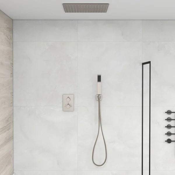 Modern 16" Rain Thermostatic Shower Faucet Brushed Nickel Shower System with Hand Shower