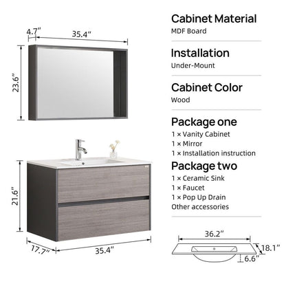 36" Bathroom Floating Vanity Wall Mounted Cabinet Ceramic integrated Sink Set