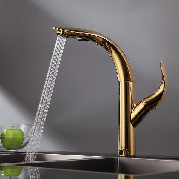 Luxurious Gold 2-Function Pull Down Swivel Kitchen Faucet Single Handle Zinc Alloy Faucet