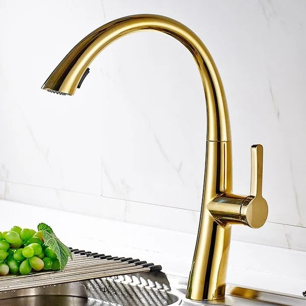 Single Handle Rotatable 1-Hole Pull Out Kitchen Faucet with Dual-Function Solid Brass in Gold