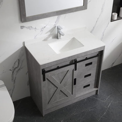 36” Grey Bathroom Vanity with Sink Modern Wood Cabinet Basin Vessel Set with Mirror