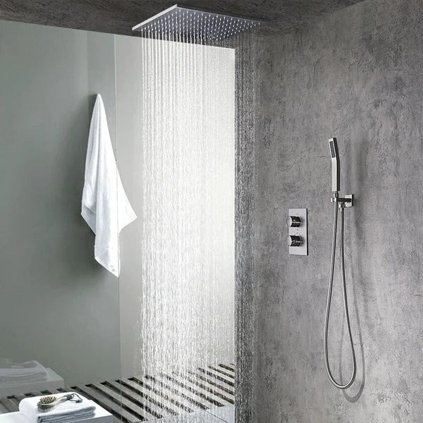 Modern 16" Rain Thermostatic Shower Faucet Brushed Nickel Shower System with Hand Shower