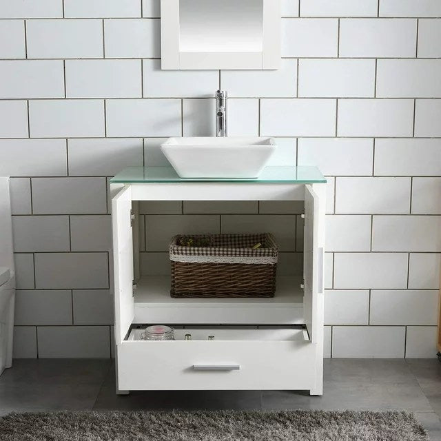 30" White Bathroom Vanity and Sink Combo Glass Top Heighten Cabinet w/Mirror