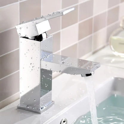 Dree Modern One Handle Single Hole Square Bathroom Sink Faucet Solid Brass in Polished Chrome