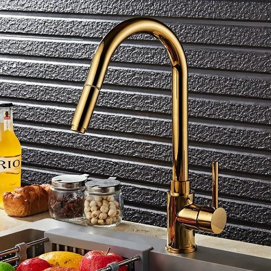 Luxurious High-Arc Single Handle 1-Hole Solid Brass Pull-out Spray Kitchen Faucet