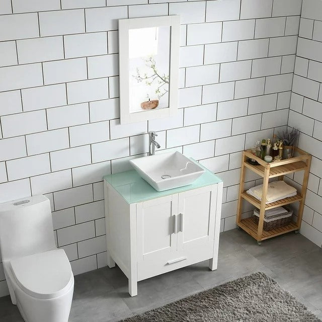 30" White Bathroom Vanity and Sink Combo Glass Top Heighten Cabinet w/Mirror