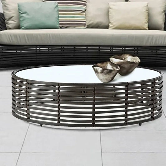 Oval Coffee Table Glass-Top Brown Rattan Base-030