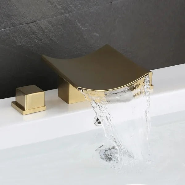 Brushed Nickel/Brushed Gold Waterfall Widespread Bathroom Sink Faucet Double Handle