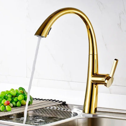 Single Handle Rotatable 1-Hole Pull Out Kitchen Faucet with Dual-Function Solid Brass in Gold